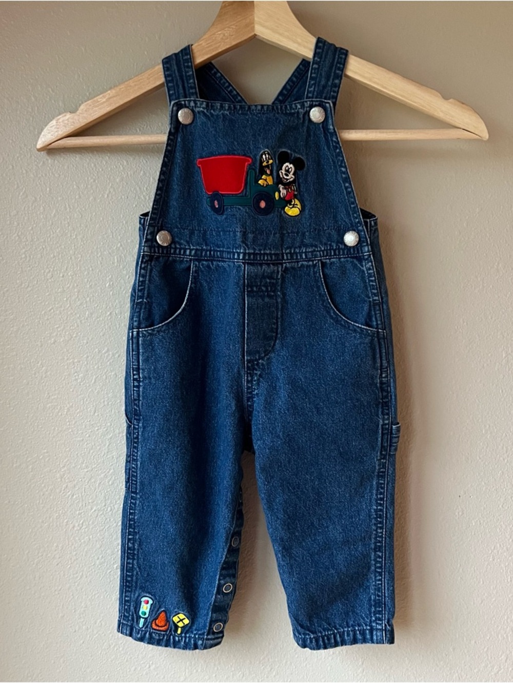 VTG Y2K Disney Store Denim Overalls Baby Size 6 Months Mickey Pluto Dark Jean